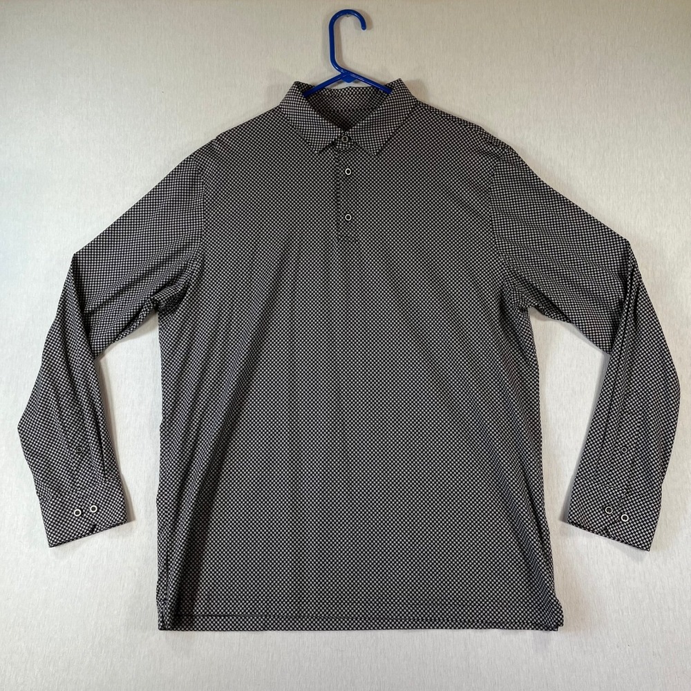 Bugatchi OoohCotton Polo Mens XL Long Sleeve Shirt Black White Geometric Stretch